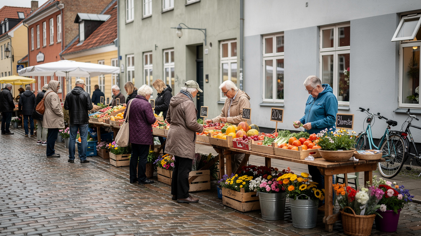 Local Danish street market with stalls and shoppers